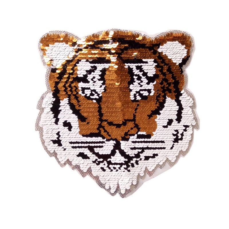 ESH7 Tiger Reversible Sequins Sew On Patches for Clothes Kids Boy Girl T Shirt Coat Embroidered Reverse Patch Applique